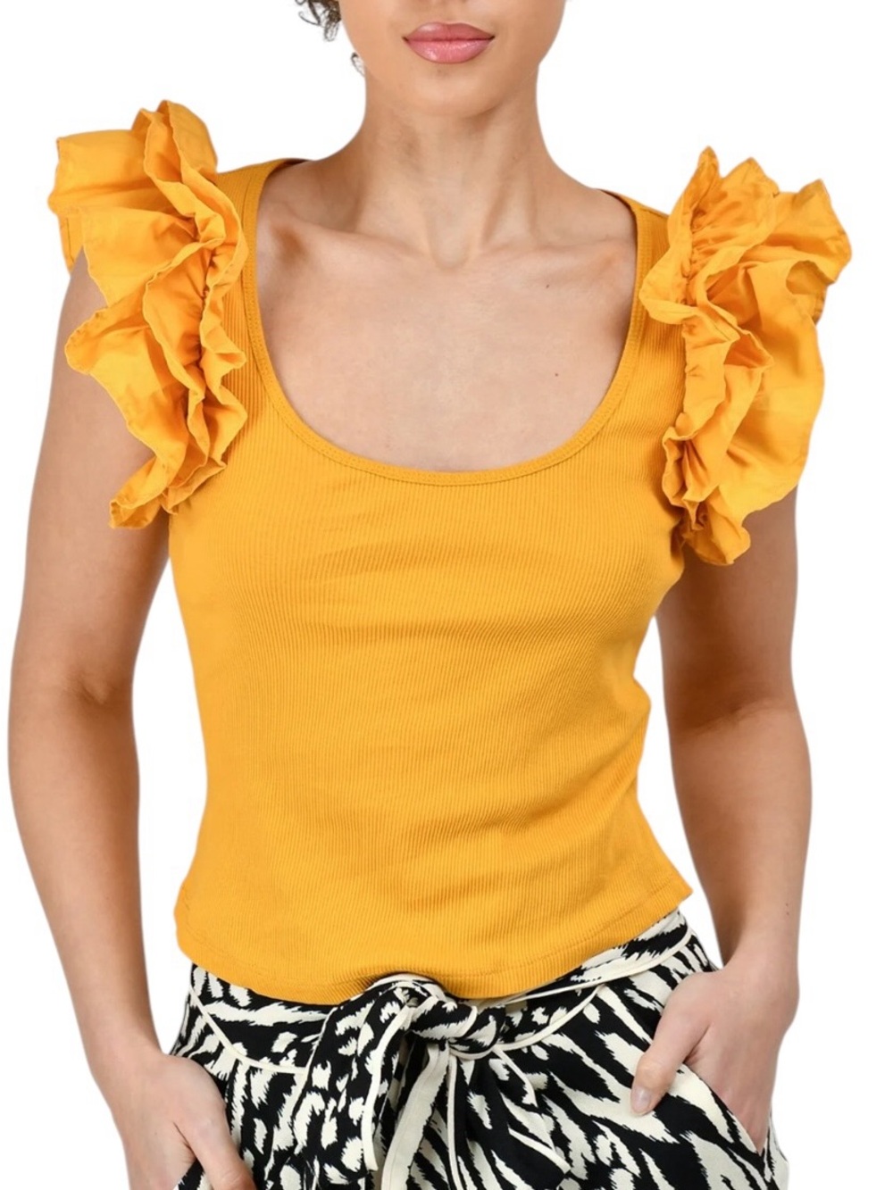 Ulla Johnson yellow ruffled sleeve ribbed scoop neck top S excellent condition